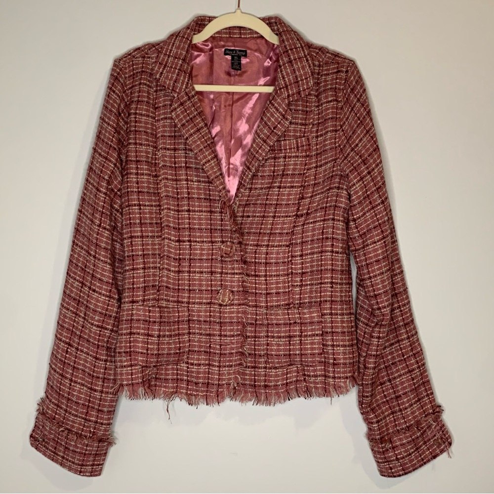 Steve & Barry's Pink Tweed Plaid Long Sleeve Fringed Blazer Jacket Size XL